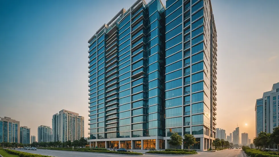 Eye-level view of a modern high-rise building in GIFT City