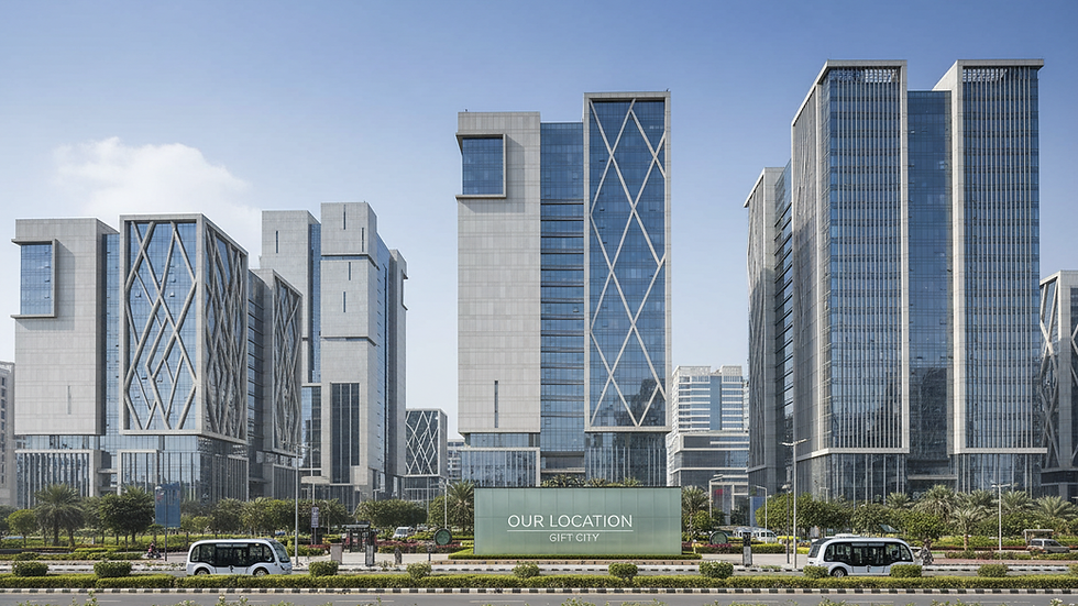 Eye-level view of modern financial district buildings in GIFT City