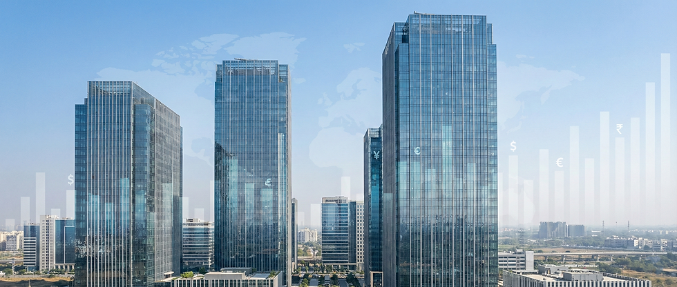 Eye-level view of modern financial district with skyscrapers