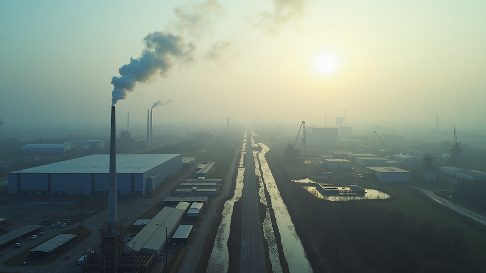 Wide angle view of industrial area with factories and warehouses