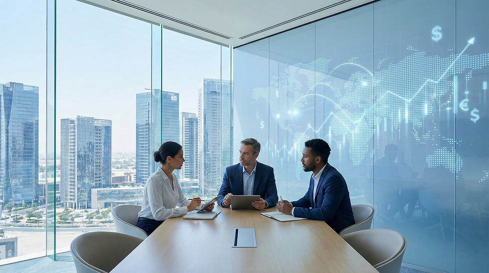 Eye-level view of modern financial district with skyscrapers