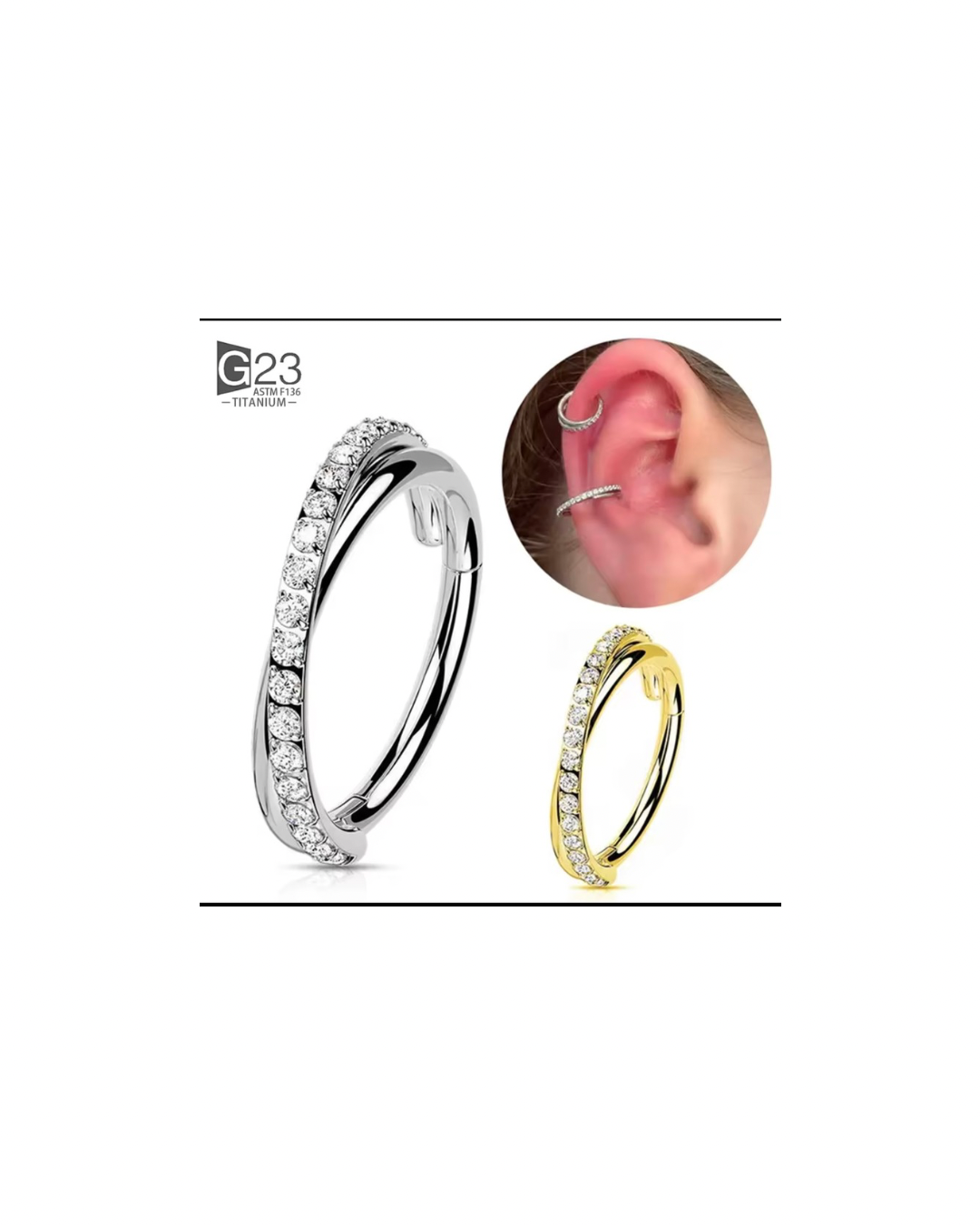 Titanium double twist with gems hinged ring