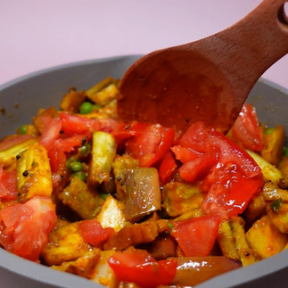 Gujarati ringan bateta nu shaak aubergine and potato pea curry vegan indian recipe