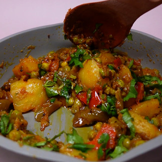 Gujarati ringan bateta nu shaak aubergine and potato pea curry vegan indian recipe