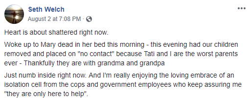 Seth Welch's Facebook status the day his daughter died.