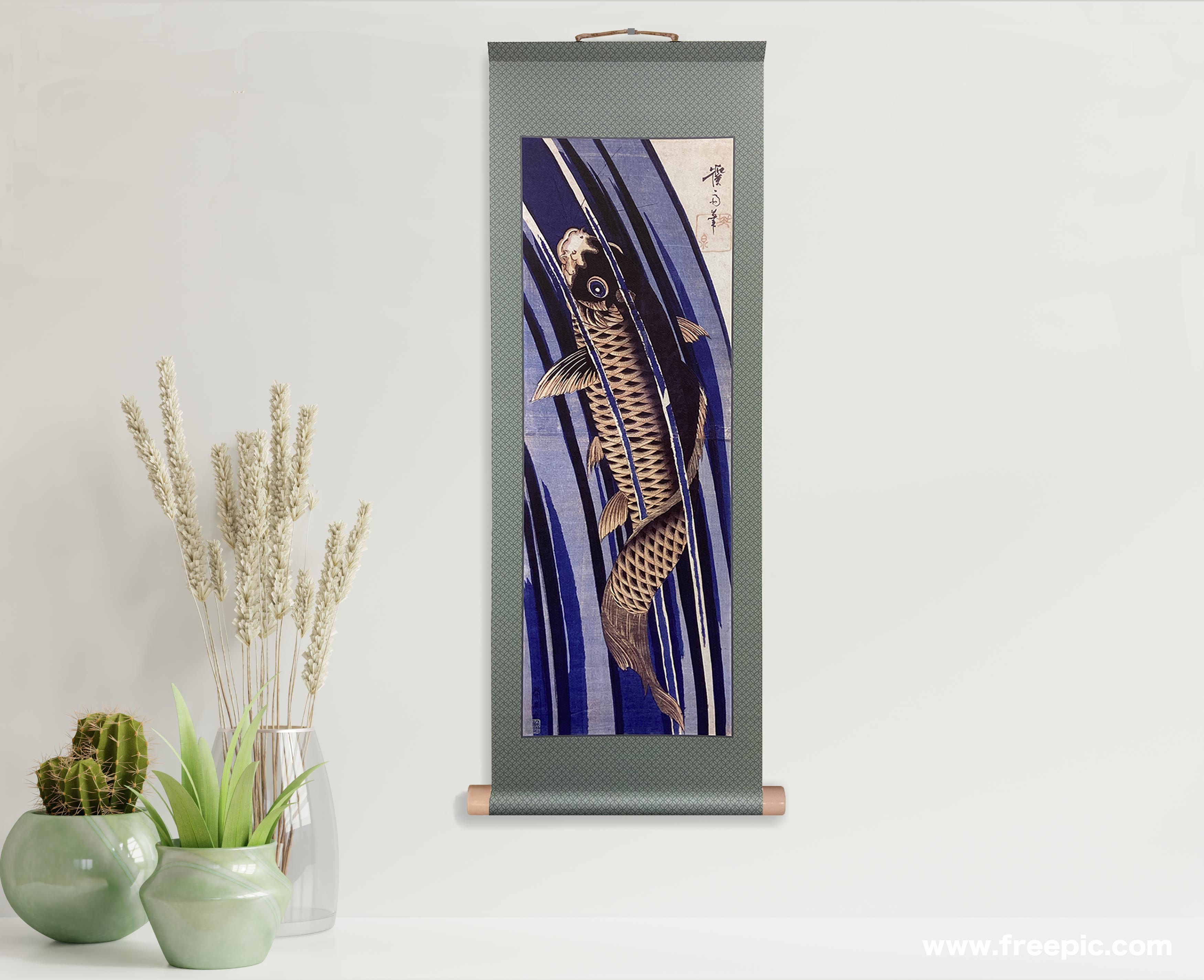 シン掛け軸 英泉【鯉の滝登り】染め摺り