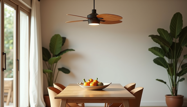 High angle view of a ceiling fan with wooden blades in a tropical Filipino dining area