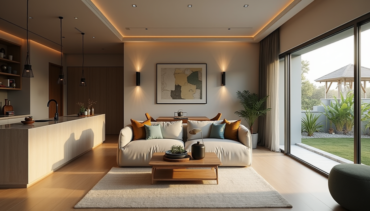 High angle view of a spacious Filipino home interior showing open kitchen and living area