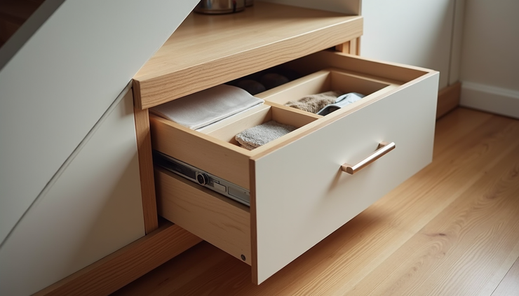 High angle view of a compact under-stair storage with pull-out drawers and organized compartments