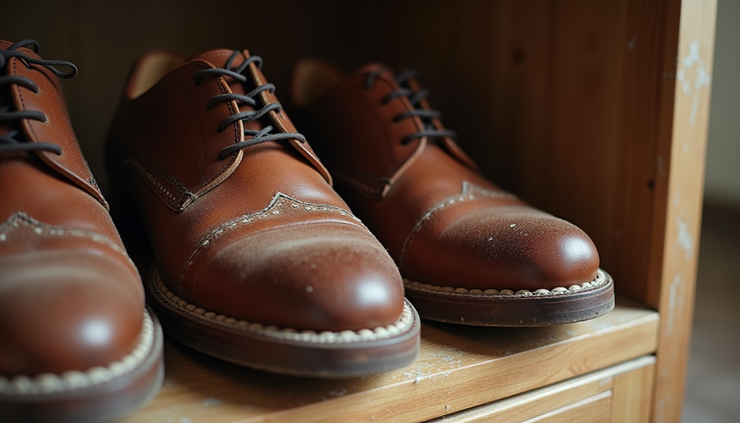 Eye-level view of a walk-in closet with moldy leather shoes on the shelf