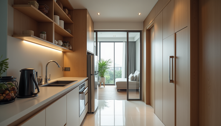 Eye-level view of a hallway connecting service area to kitchen without crossing family rooms