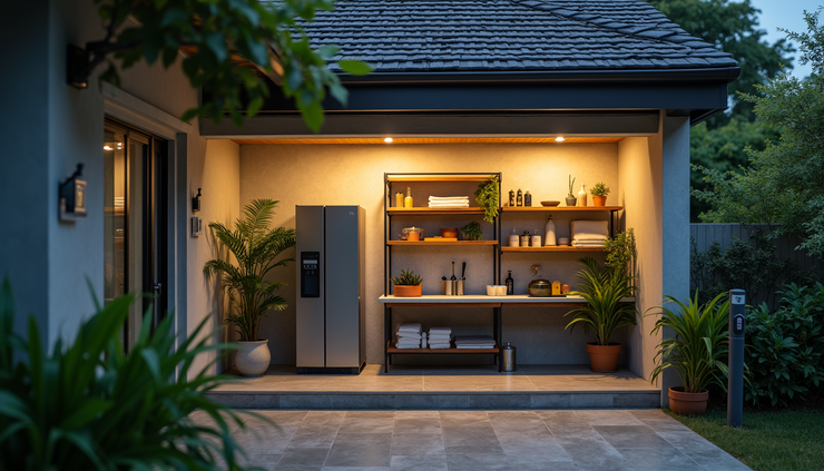 High angle view of a clean and spacious outdoor cleaning station with motion sensor lights and organized storage