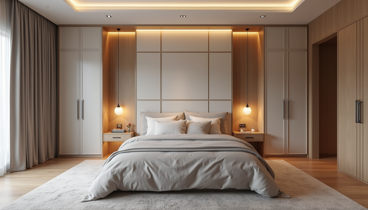 Wide angle view of a master bedroom with built-in storage and smart lighting controls