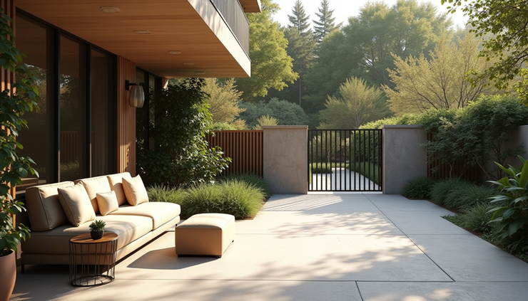 Eye-level view of shaded waiting area near a gated driveway in a luxury home
