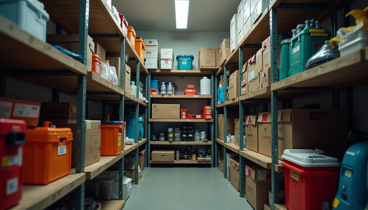 Eye-level view of organized emergency storage shelves with labeled boxes and supplies