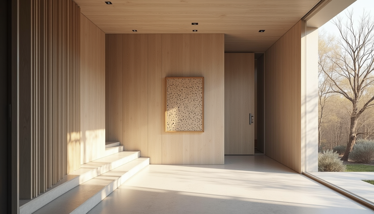 Eye-level view of a modern entry foyer with angled walls and a decorative screen