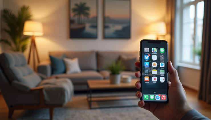 Eye-level view of a living room with multiple smart home devices on different apps