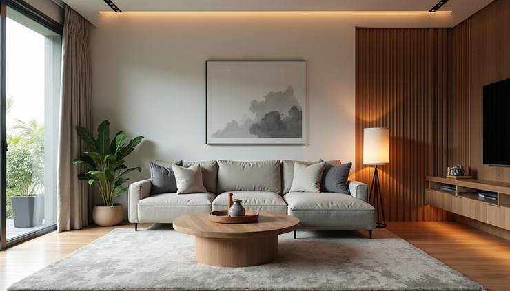 Eye-level view of a modern Filipino living room with secured furniture and earthquake-safe fixtures