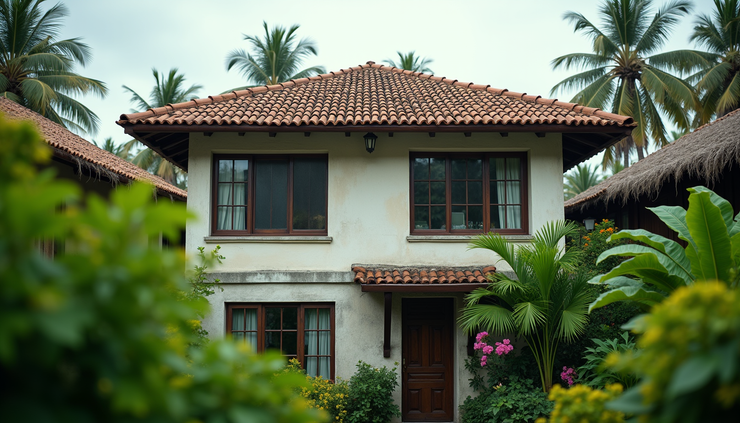 Wide angle view of a tropical home with well-placed windows and shaded outdoor areas