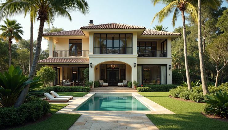 Wide angle view of a tropical home with screened windows and lush garden landscaping