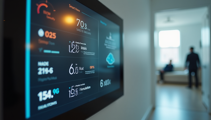 Close-up view of a smart home control panel showing indoor air quality metrics