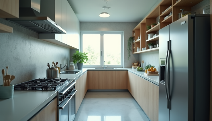 High angle view of a modern Filipino kitchen with organized water dispenser storage and clear circulation paths