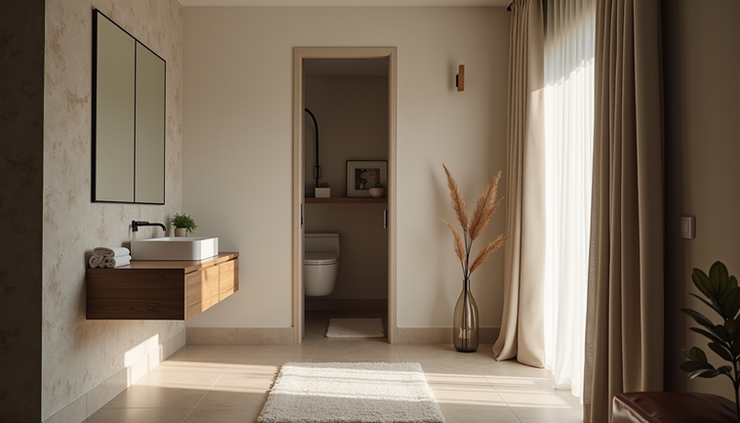 Eye-level view of a bathroom door opening away from a dining area