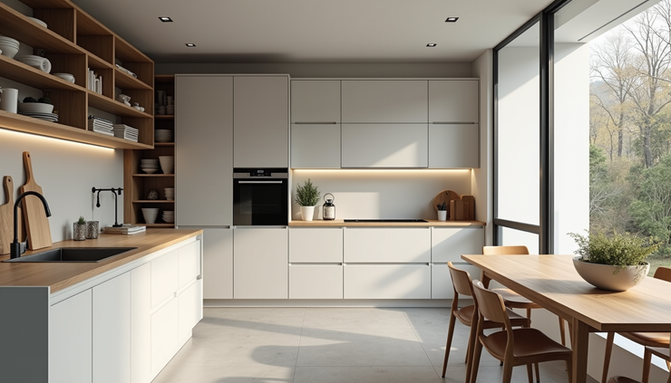 Wide angle view of a modern kitchen with built-in storage and clean counters