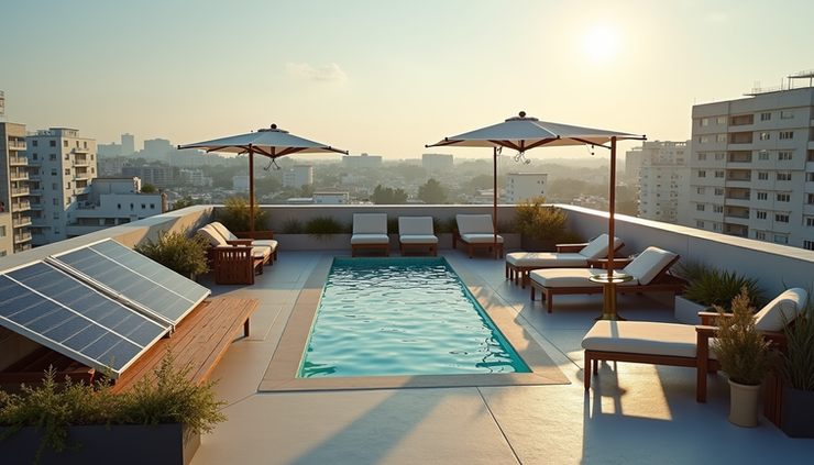 High angle view of a roof deck with solar panels and shaded seating