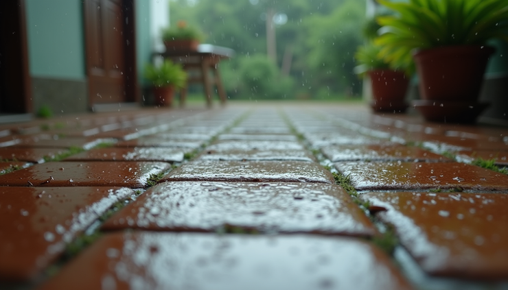 Close-up view of textured outdoor tiles wet from rain