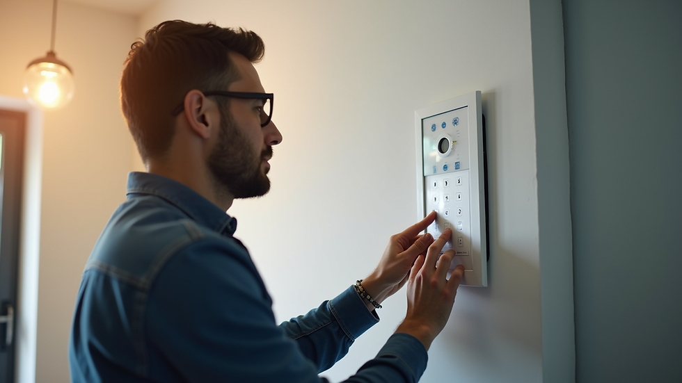 Eye-level view of a smart home expert installing a control panel on a wall