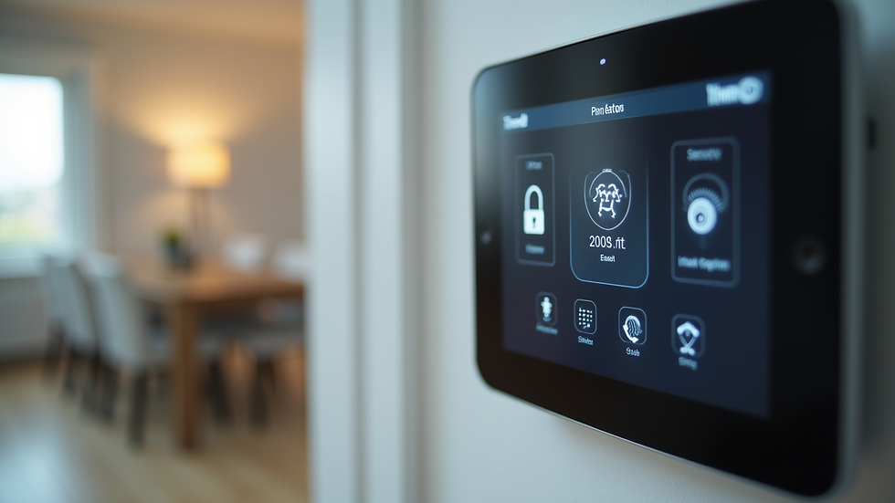 Close-up view of a smart home control panel displaying security system status