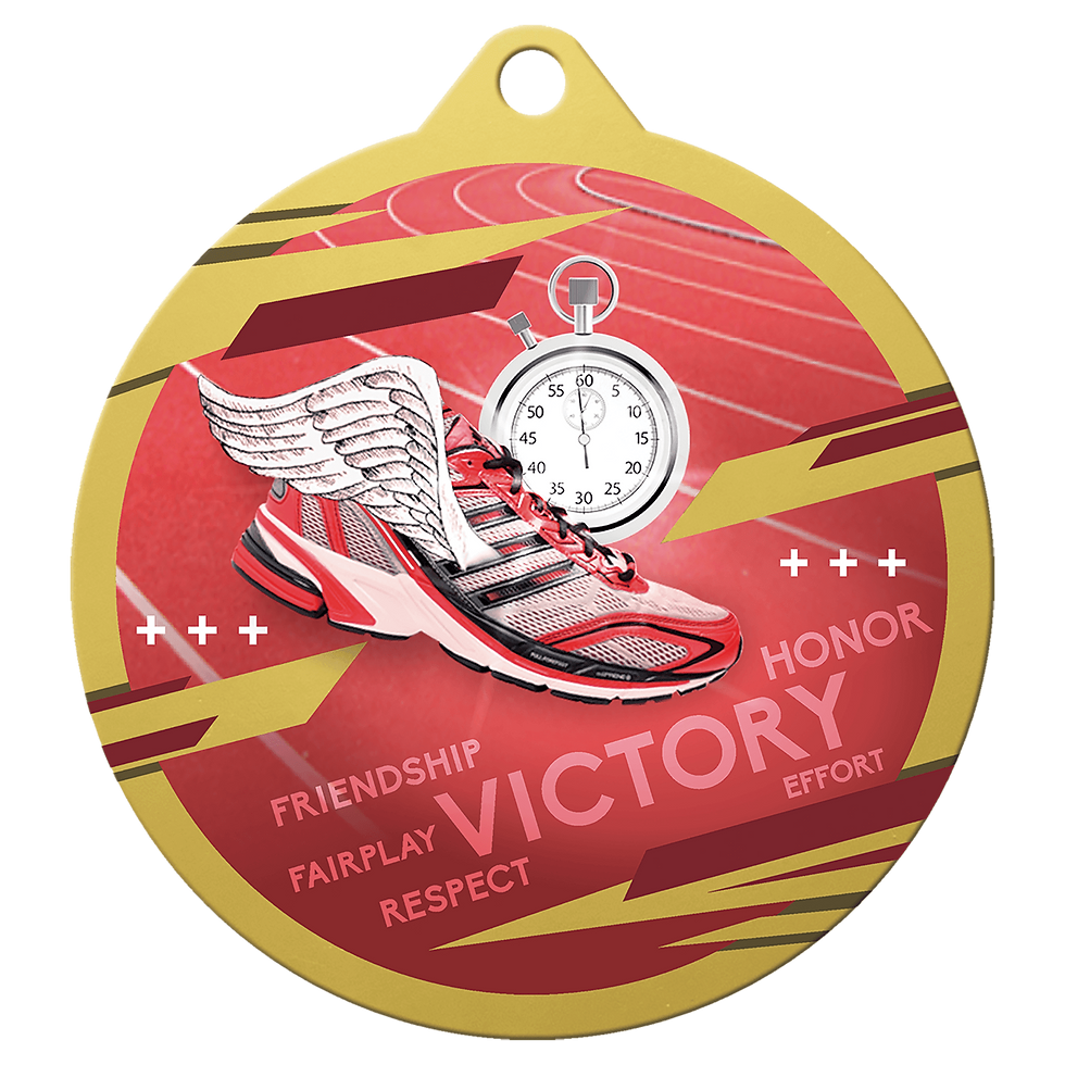 Victory medal with a stopwatch and running shoe, Honor, Effort, Friendship, Medals, Ribbons