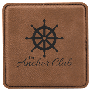 Thumbnail: Brown square coaster with The Anchor Club and ship's wheel logo