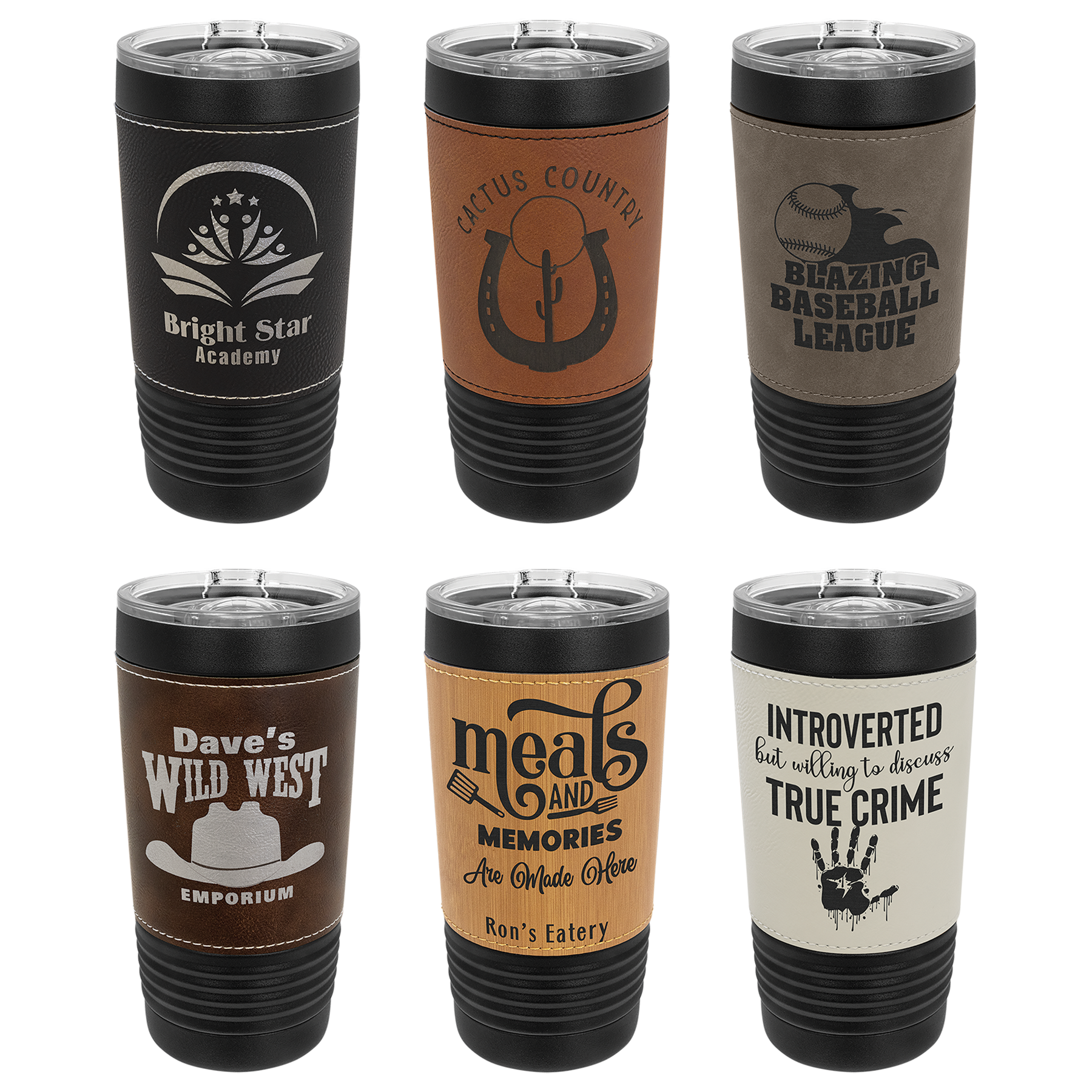 Various custom tumblers with logos: Bright Star Academy, Dave's Wild West, Introverted True Crime