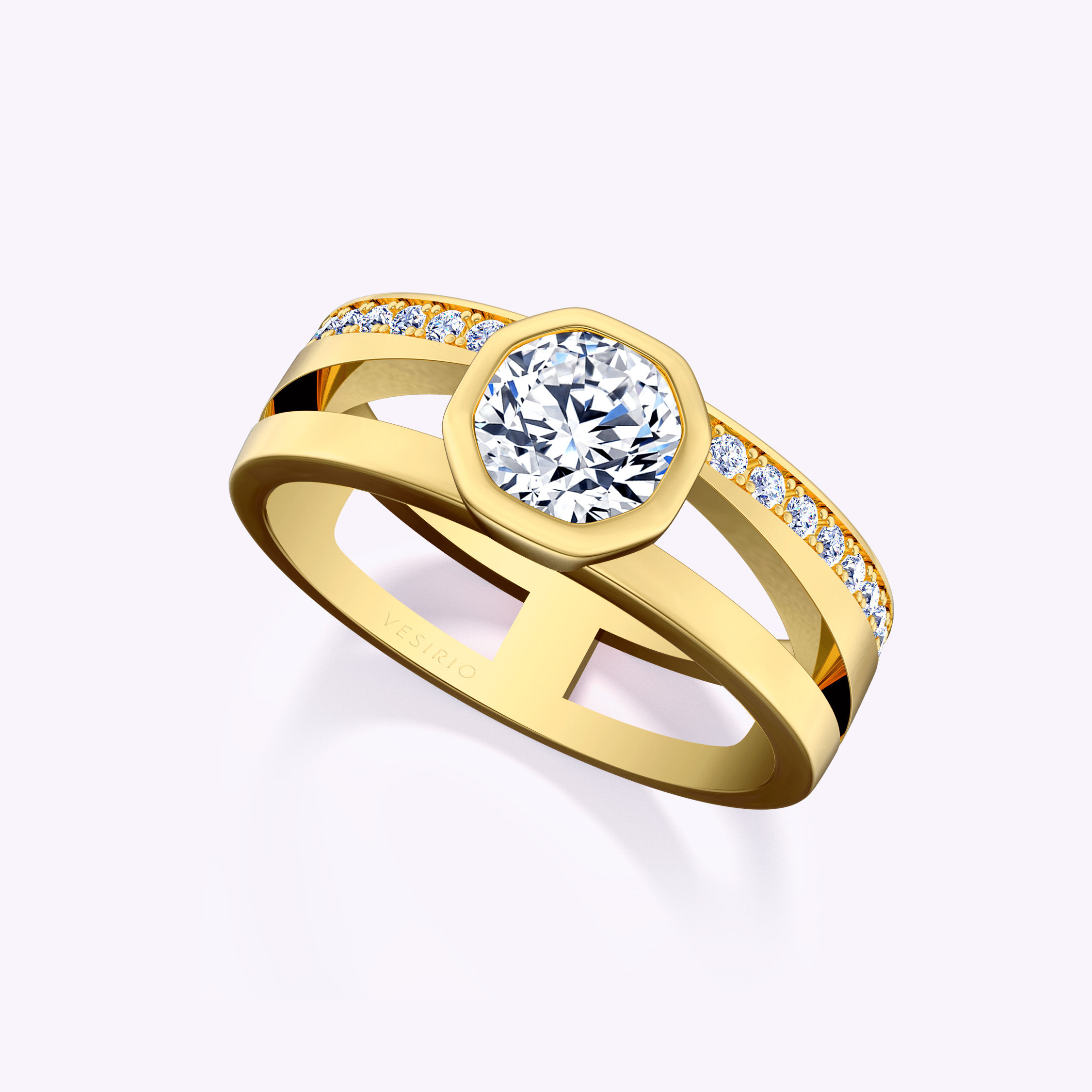 Unique Modern Bezel Double Shank Engagement Ring | 18K Yellow Gold