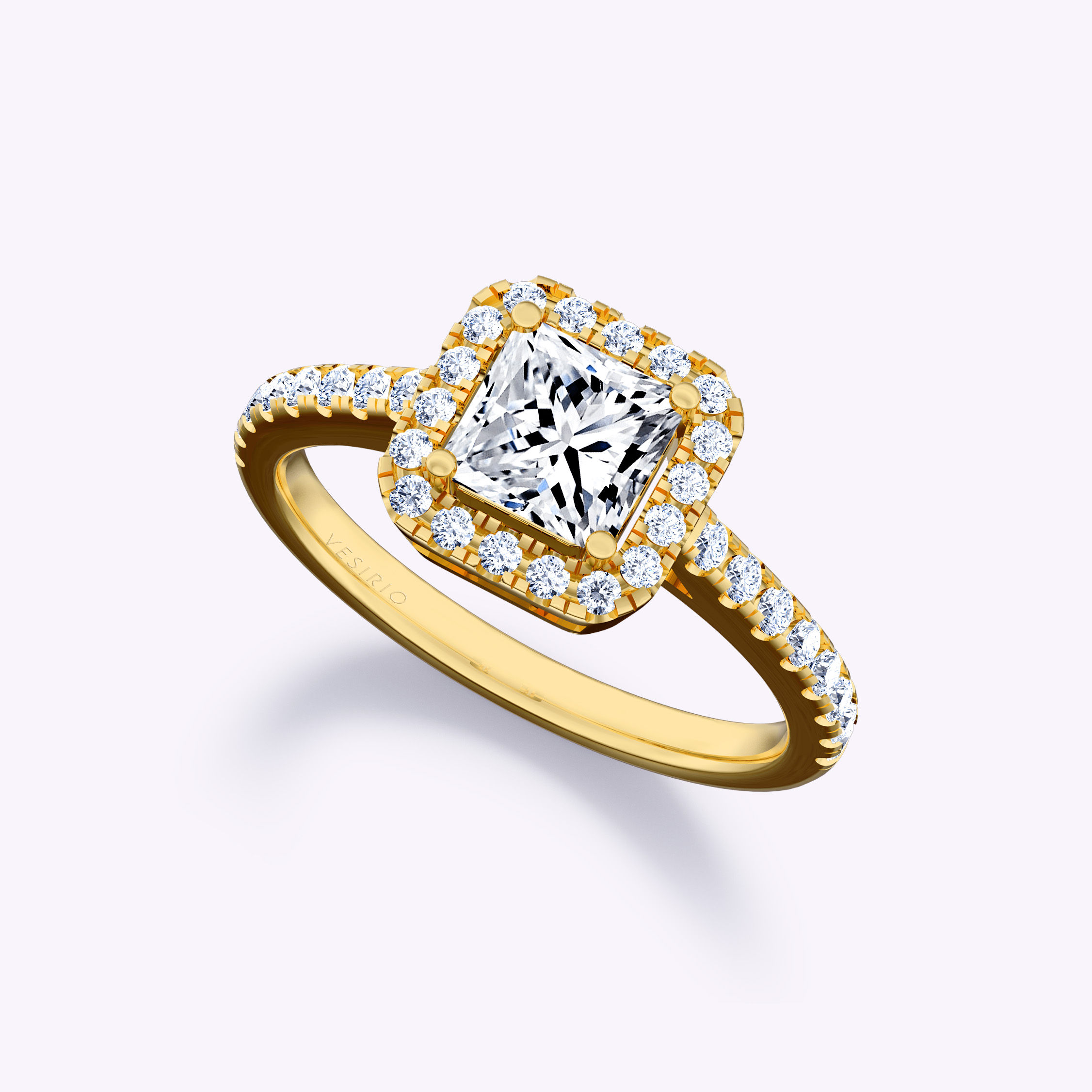 Elegent Pavé Halo Princess Diamond Engagement Ring | 18K Yellow Gold