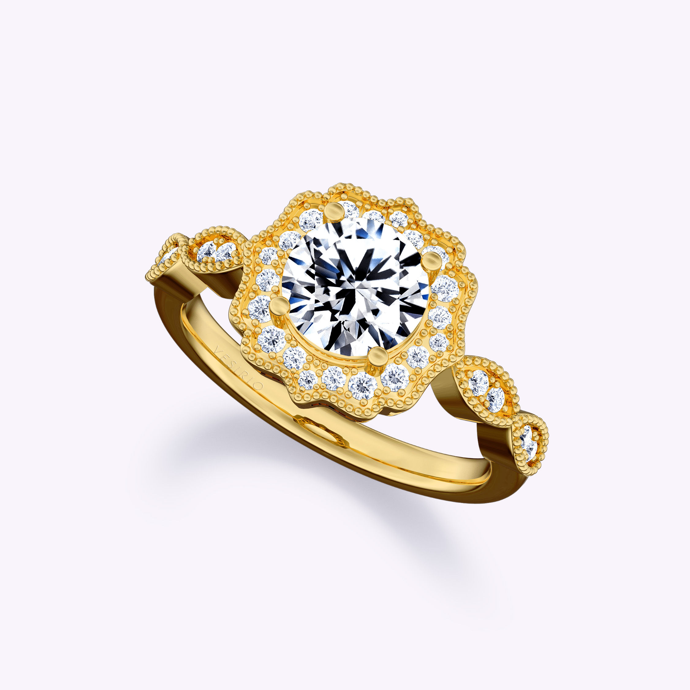 Antique Milgrain Halo 4-Prong Diamond Engagement Ring | 18K Yellow Gold