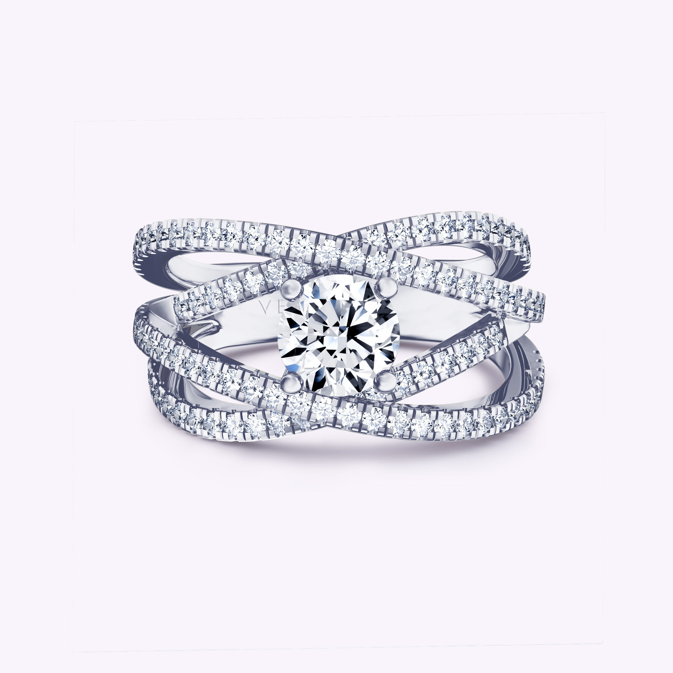 Crossover Bands Pavé 4-Prong Round Engagement Ring|18K White Gold | Platinum