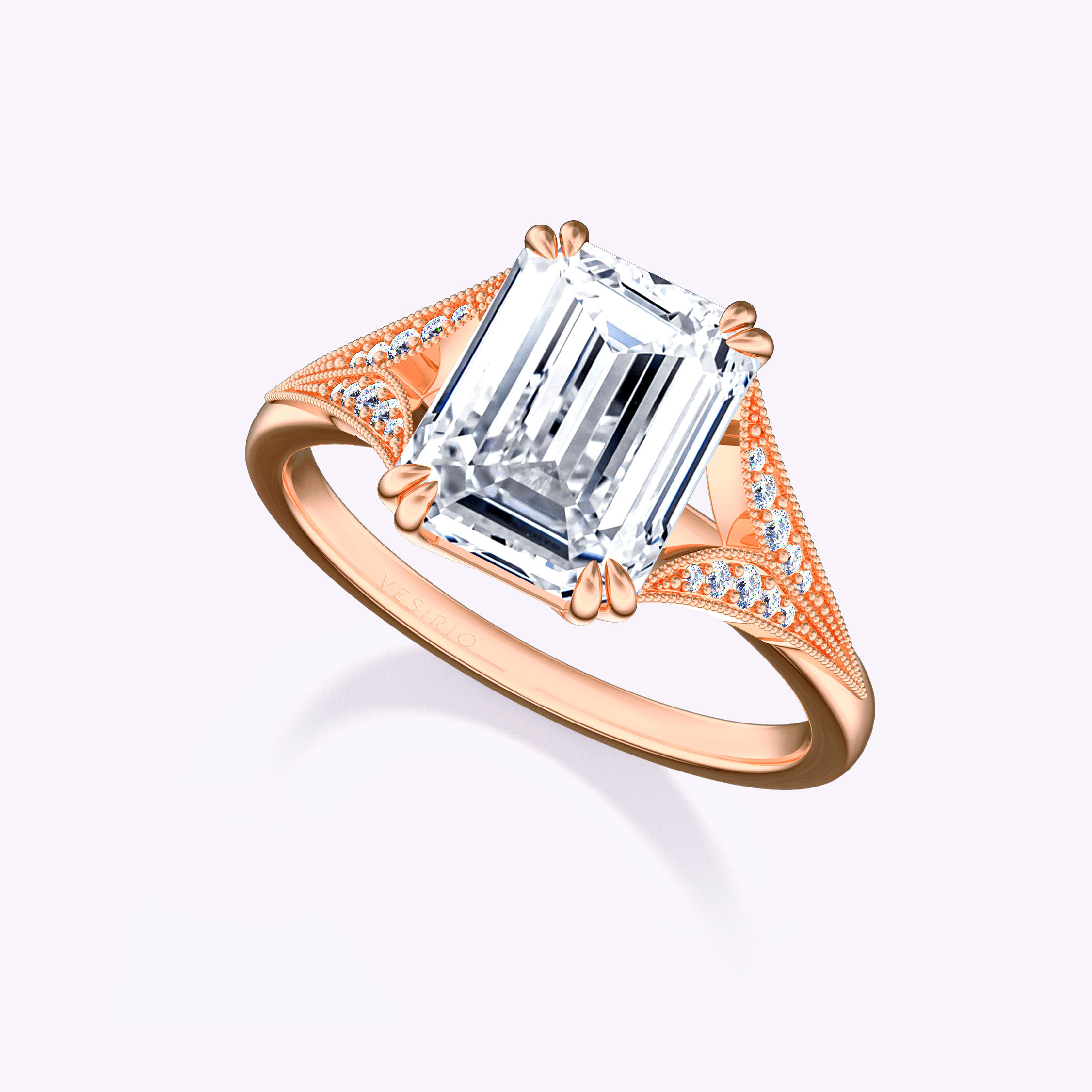 Art Deco Milgrain Shank Emerald Cut Engagement Ring | 18K Rose Gold