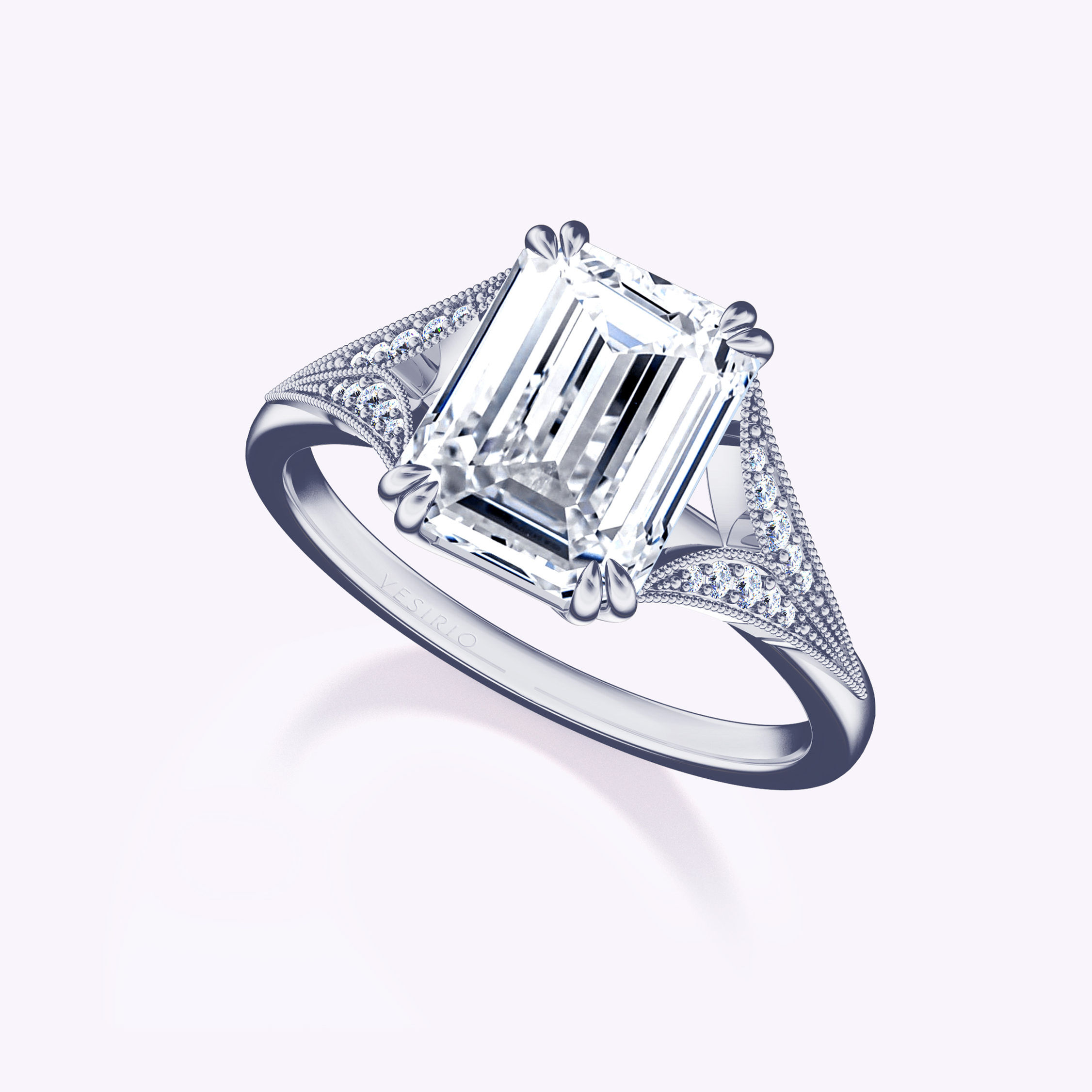 Art Deco Milgrain Shank Emerald Cut Engagement Ring | Platinum