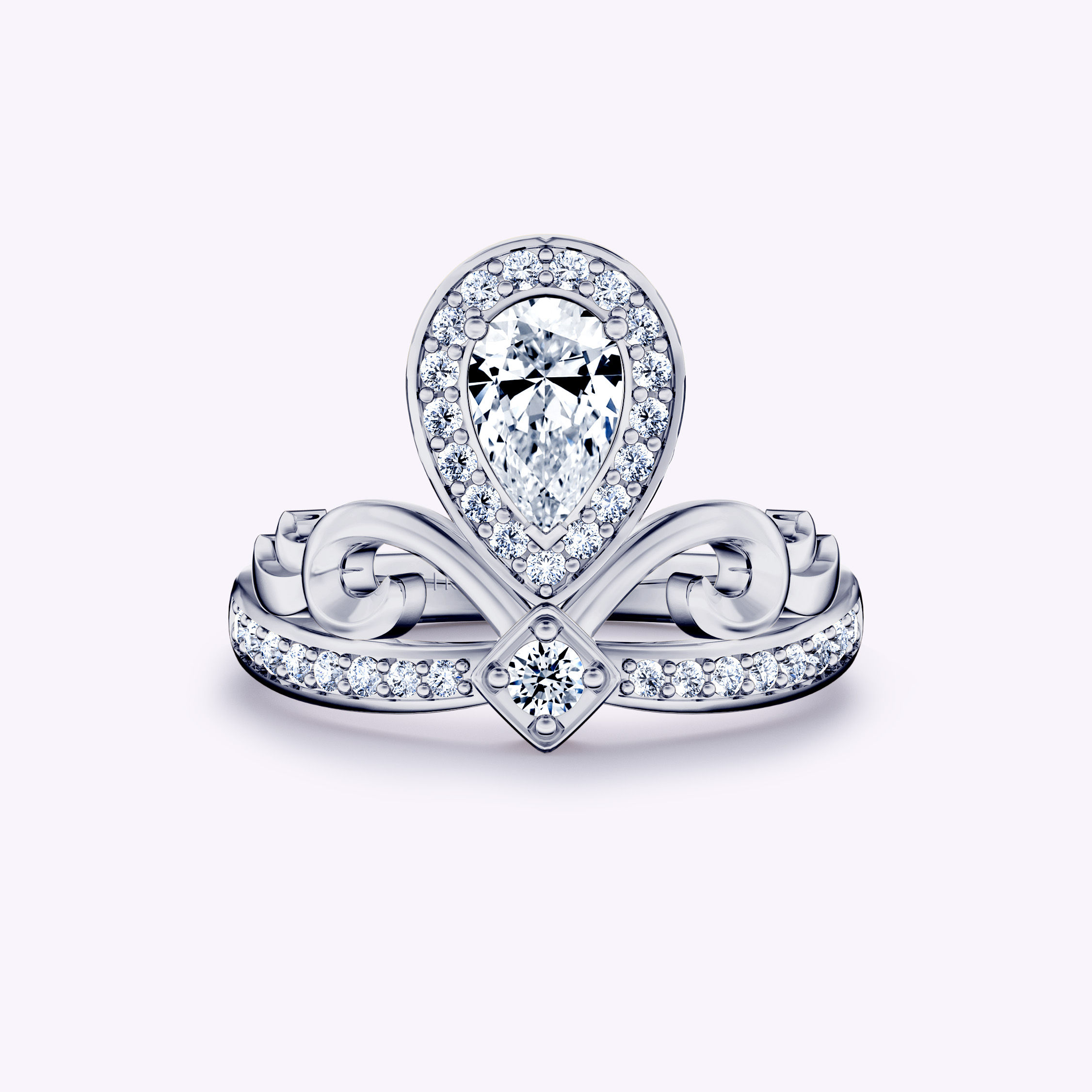 Deluxe Vintage Pear-Shape Halo Crown Diamond Ring| 18K White Gold | Platinum