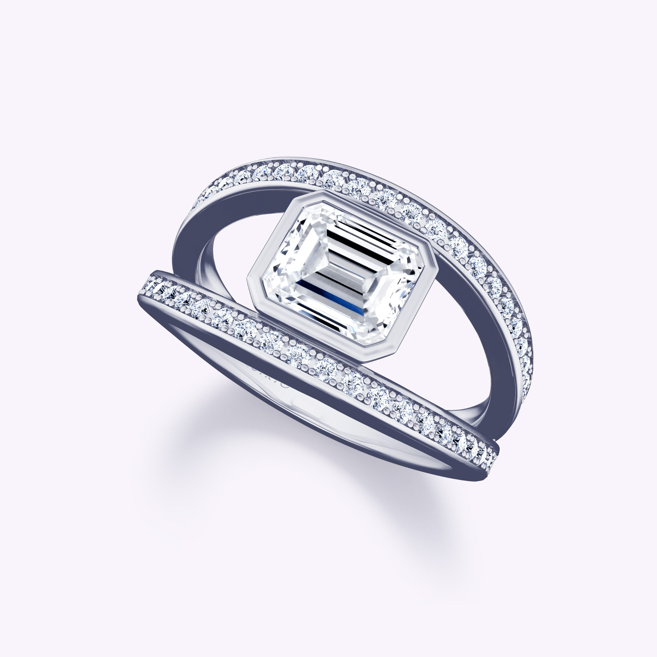 Unique Pavé Split Shank Bezel Emerald Diamond Engagement Ring