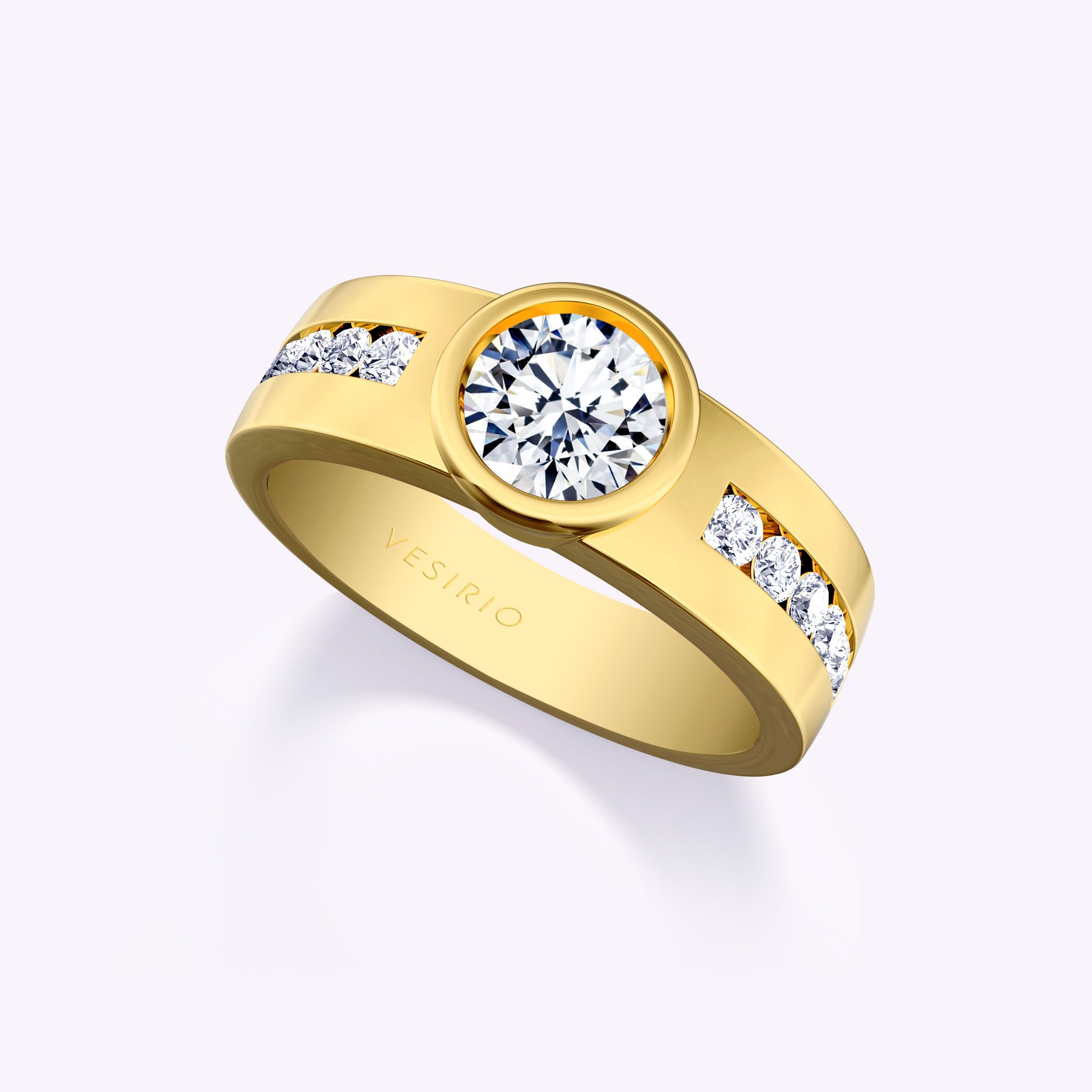 Modern Channel-Set Wide Shank Round Diamond Ring | 18K Yellow Gold