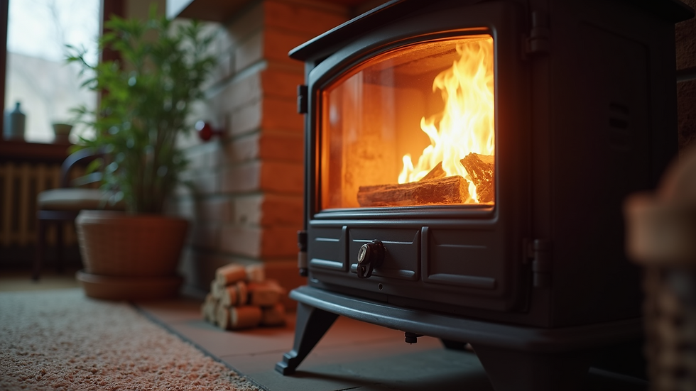 Eye-level view of a wood-burning stove in a cozy living room