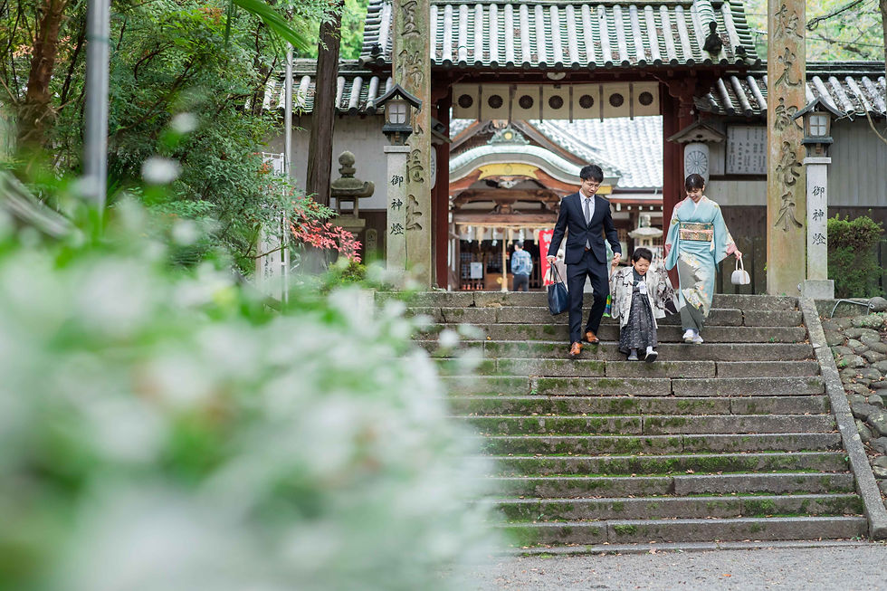 神社の石段を降りる着物姿の家族3人。男はスーツ、女は淡い水色の和装、子どもは黒い着物。緑に囲まれ、穏やかな雰囲気。