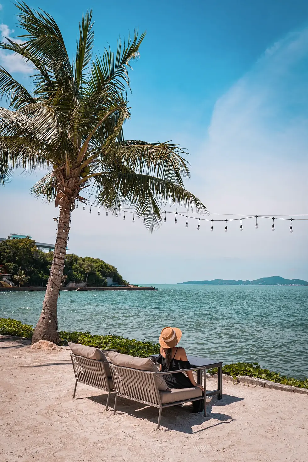 girl sitting on the bench looking at the ocean