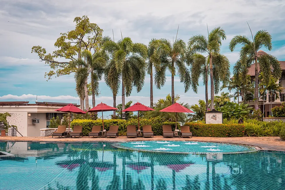 swimming pool with sun loungers