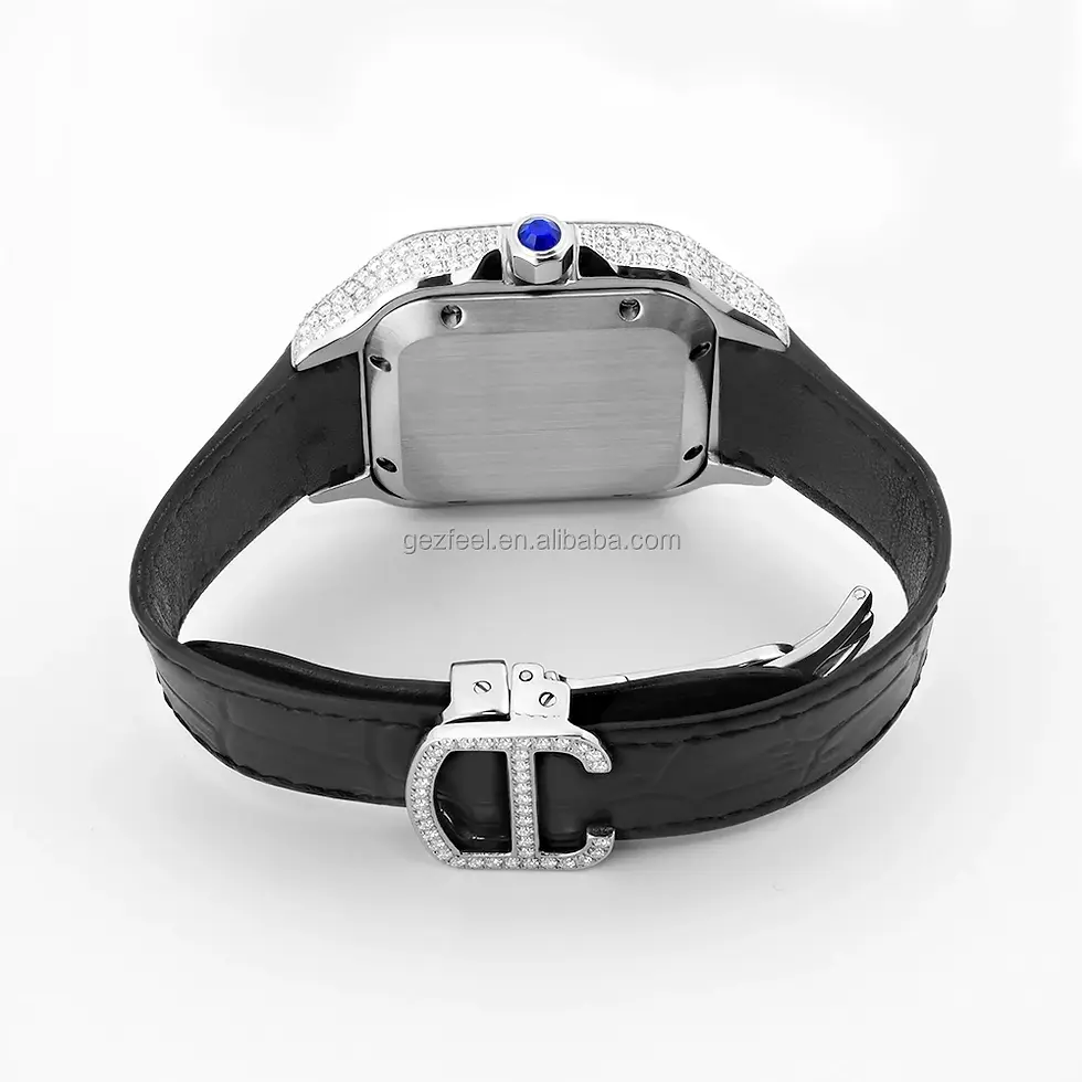 Thumbnail: Watch back with black strap, diamond buckle, and blue gem