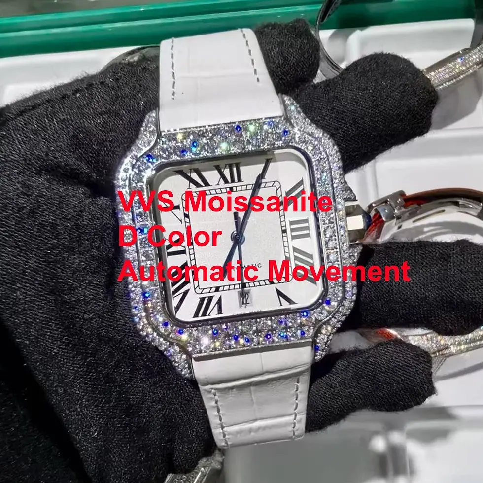 Thumbnail: White watch with diamond bezel, VVS Moissanite D Color Automatic Movement